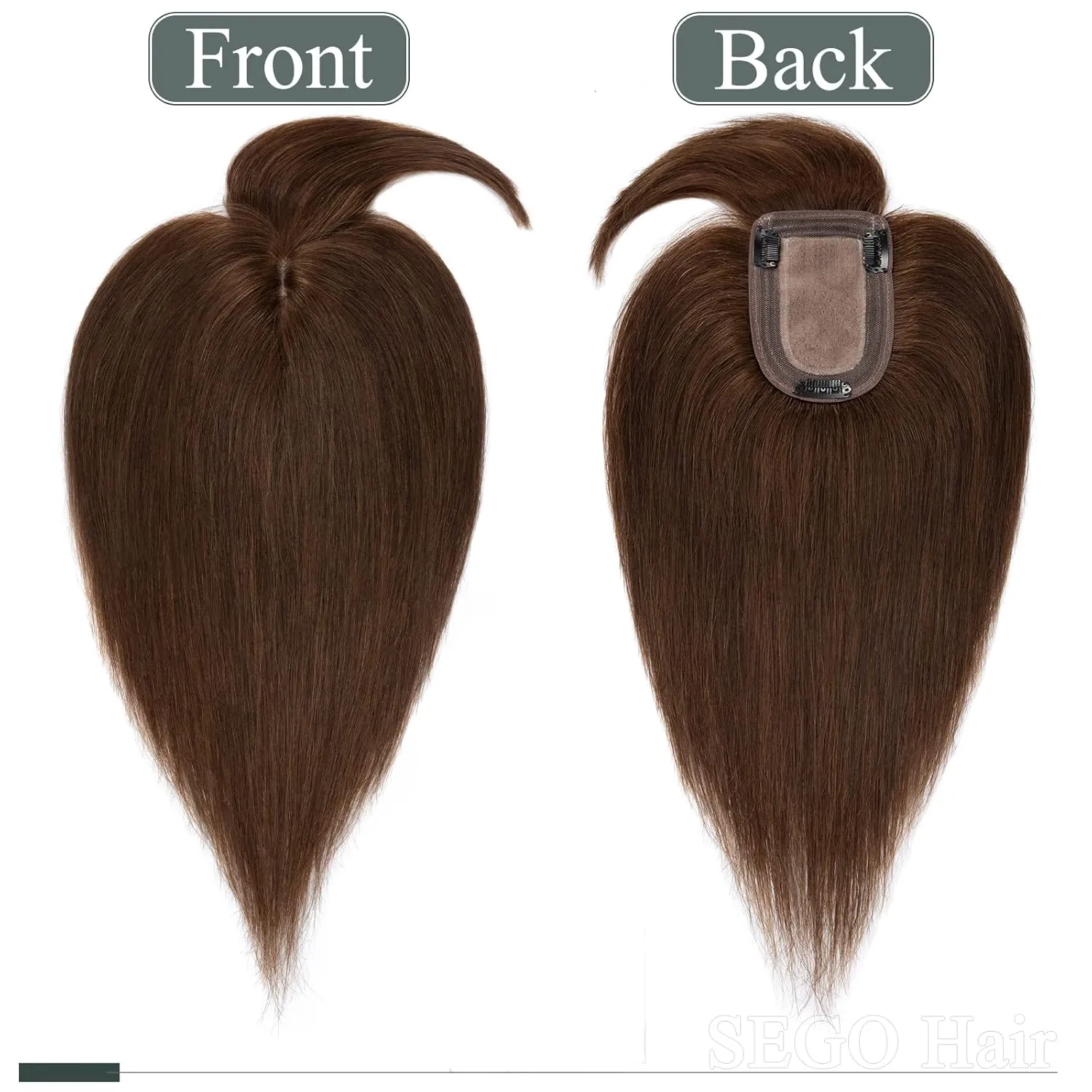 SEGO Hair Toppers for Women, Clip in Real Human Hair Toppers Straight with Bangs 150% Density Silk Base -6 Inch #4 Medium Brown