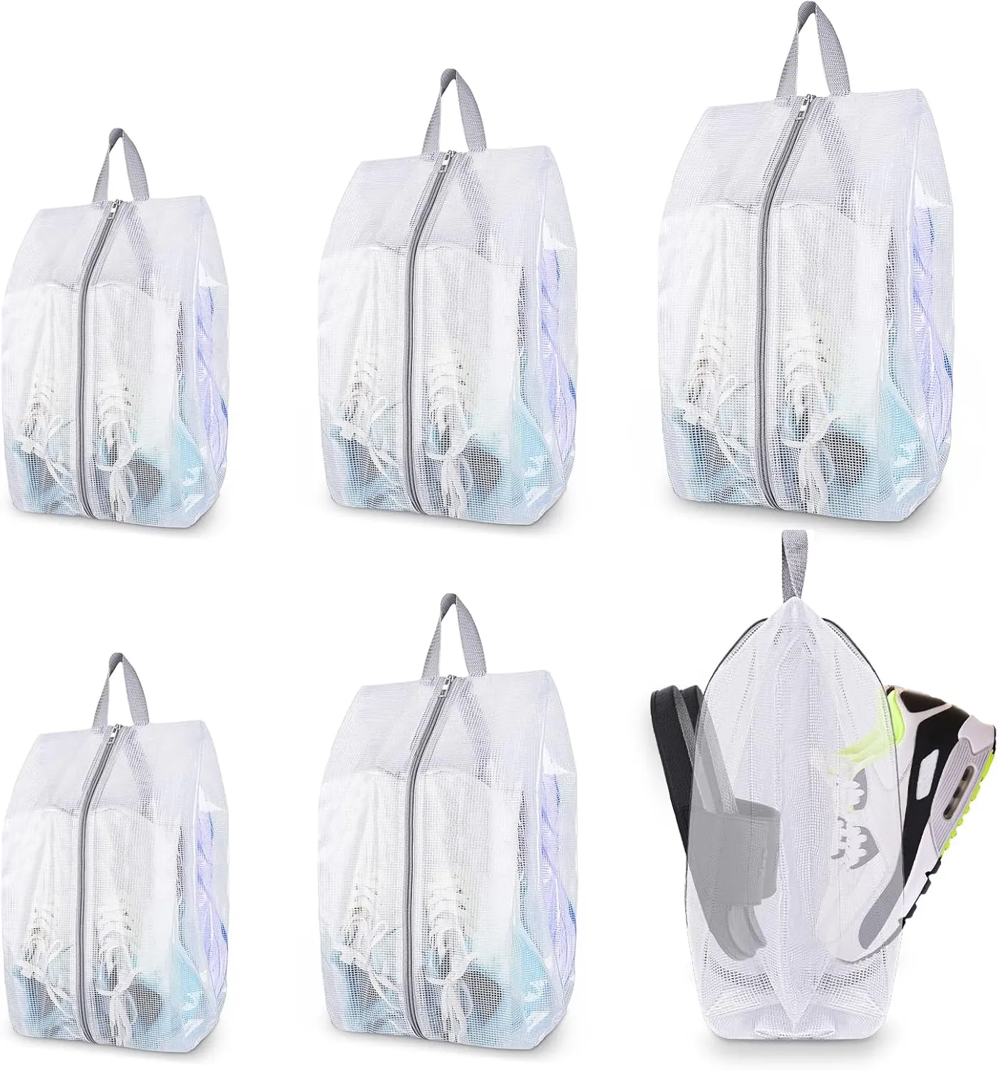 SelfTek Shoe Bags for Travel, 6 Pack 3 Size Double-Sided Zipper Shoe Bag for Men & Women & Children, Waterproof Portable Shoe Storage Pouch with Handle, Family Travel Accessories
