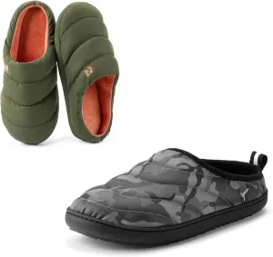 Set of 2 Pairs - Men's Size 7-8, Campground Memory Foam Down Slipper (Hunter Green) Trail-Therm Quilted Memory Foam Indoor Oudoor Camp Slipper(Camouflage)
