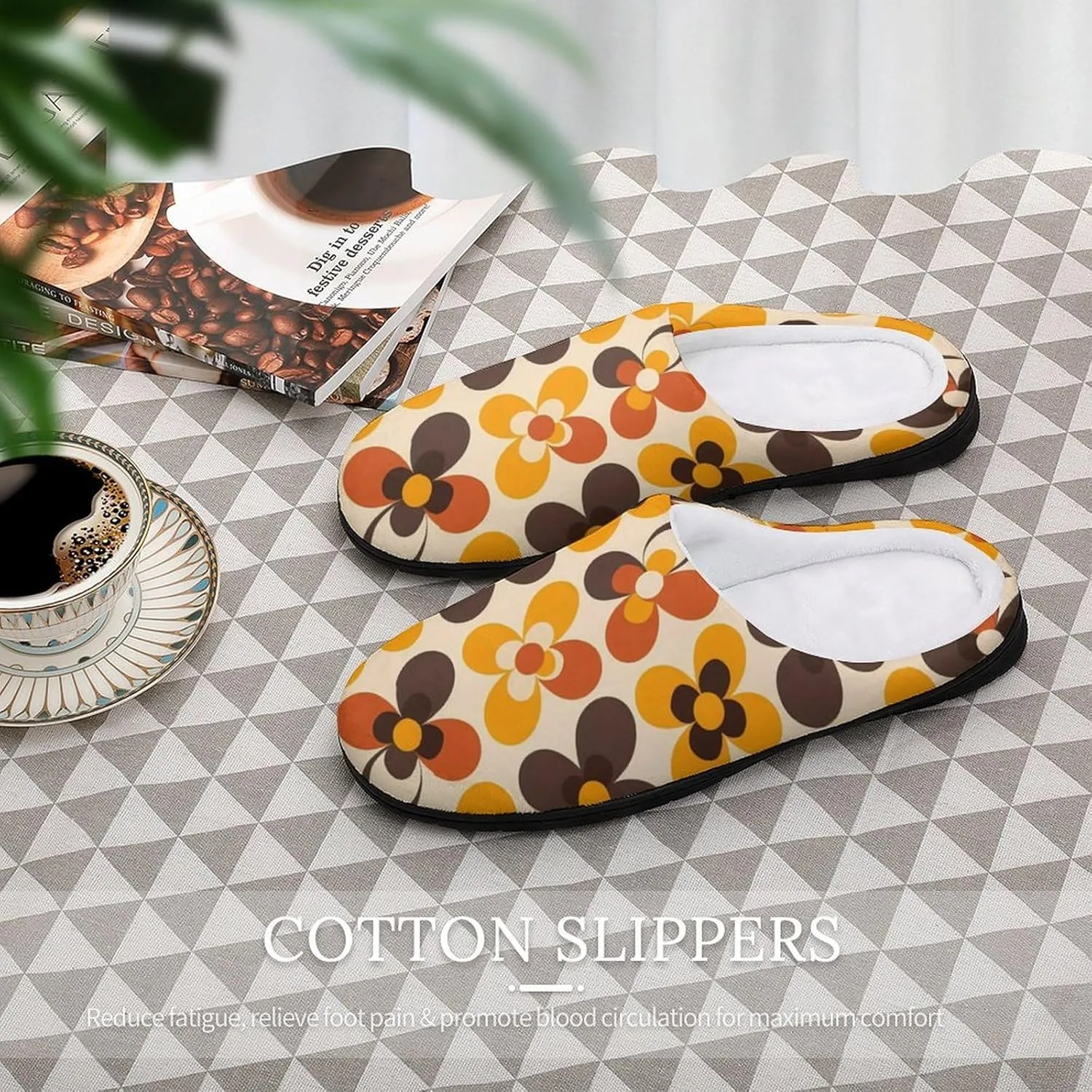 Seventies Geometric Vintage Pattern Flower Mens Slippers Casual Slip On Warm House Shoes with Rubber Sole Indoor Outdoor