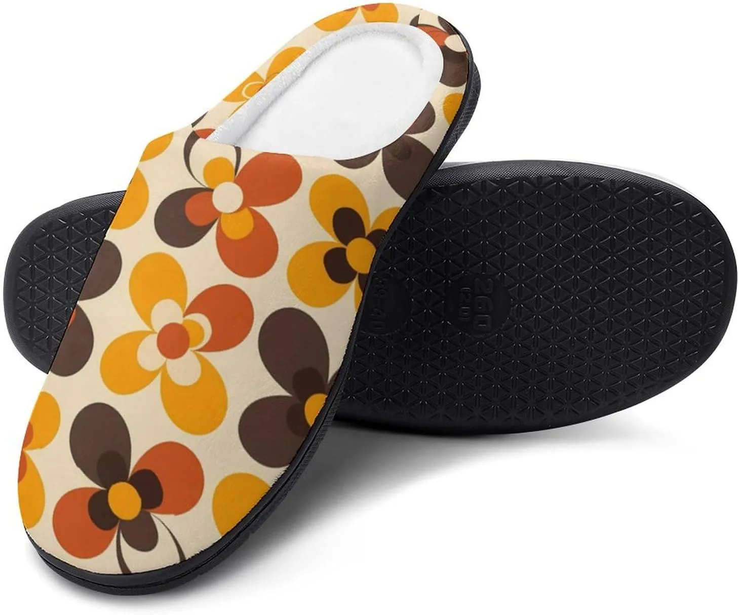 Seventies Geometric Vintage Pattern Flower Mens Slippers Casual Slip On Warm House Shoes with Rubber Sole Indoor Outdoor