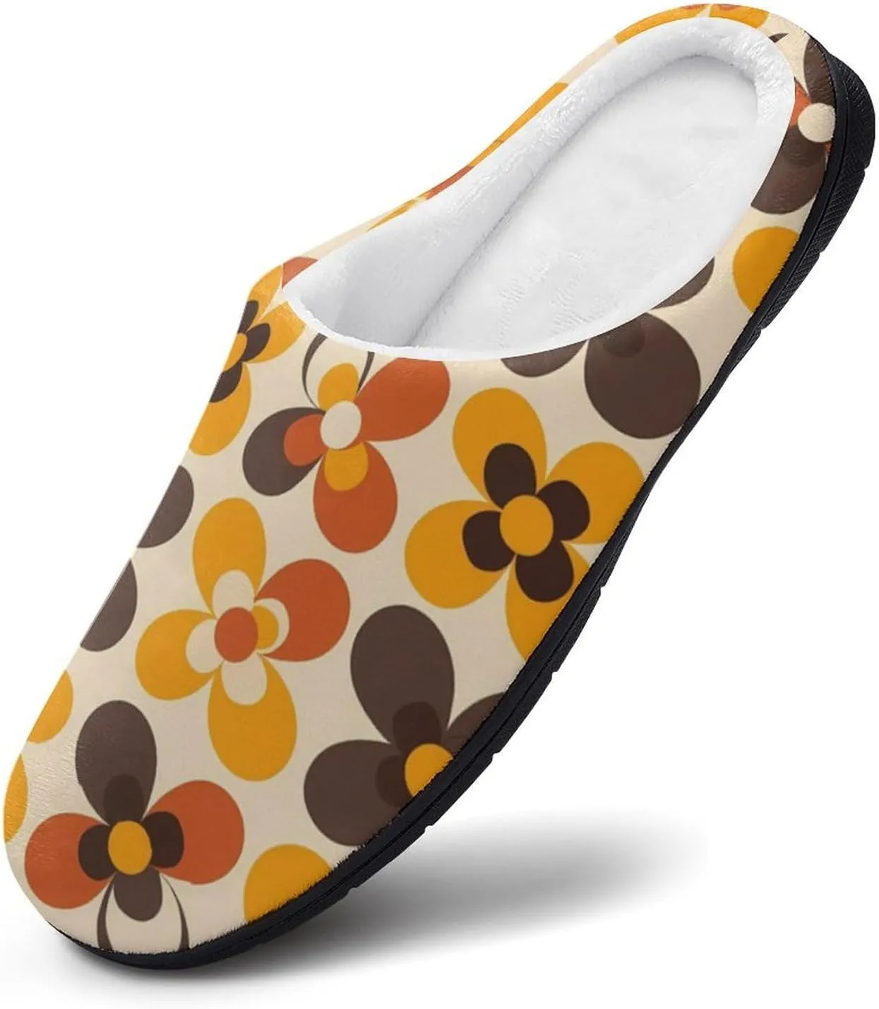 Seventies Geometric Vintage Pattern Flower Mens Slippers Casual Slip On Warm House Shoes with Rubber Sole Indoor Outdoor