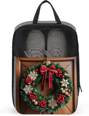 Shoe Bags for Men Women Christmas Wreaths at The Entrance Shoe Pouch with Zipper Breathable Golf Shoe Bag for Travel Outside Shoe Storage Organizer for Sport Business Trip Gym