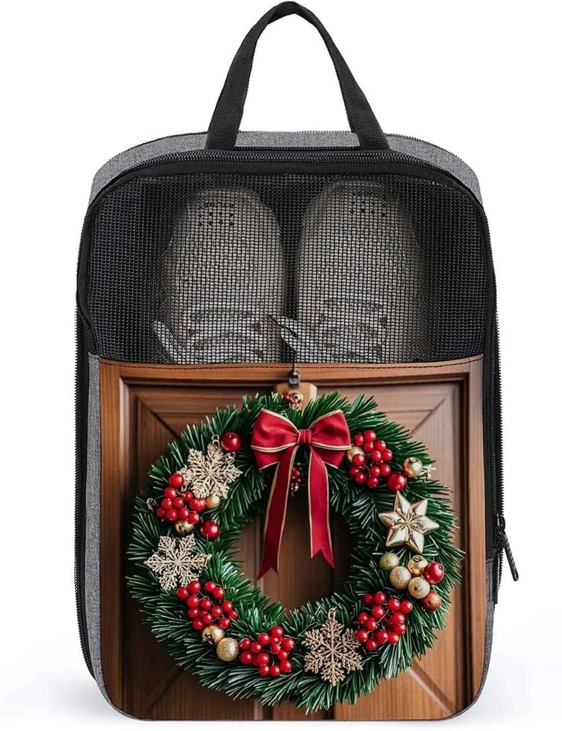 Shoe Bags for Men Women Christmas Wreaths at The Entrance Shoe Pouch with Zipper Breathable Golf Shoe Bag for Travel Outside Shoe Storage Organizer for Sport Business Trip Gym