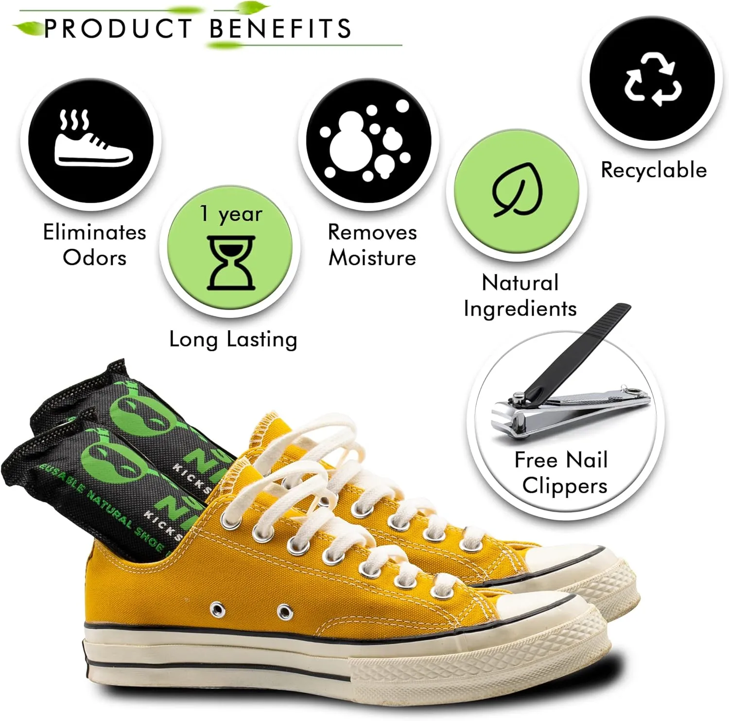 Shoe Deodorizer Inserts - Shoe Odor Eliminator - Activated Charcoal to Absorb Shoe Smell - Pack of 2 Shoe Smell Eliminator with Nail Clippers