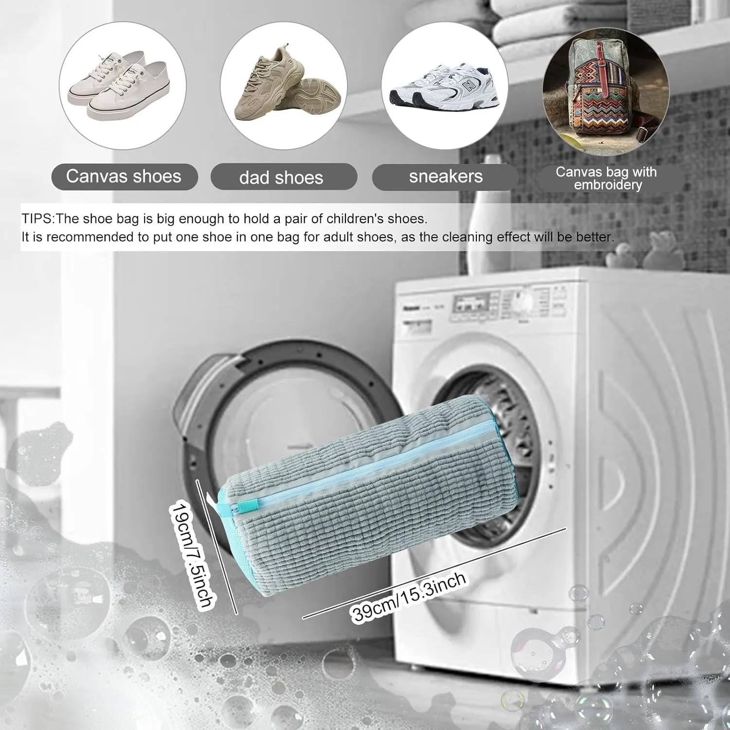 Shoe washing machine bag, laundry shoe bag for washer and dryer, Reusable Zipper Plush Sneakers Washing Machine Bag for Shoes, Gym,Tennis Shoes, Delicate Gray 1pc