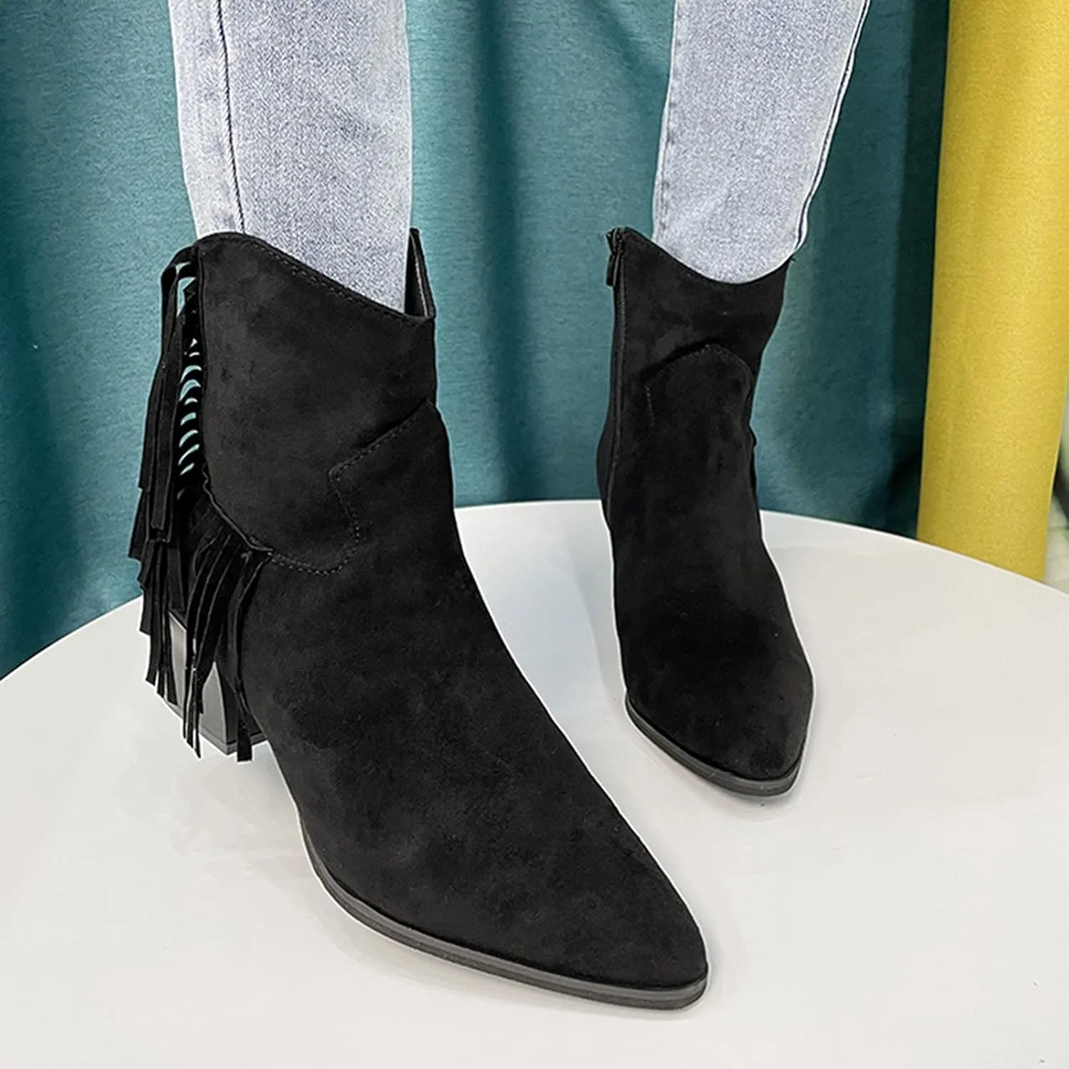 Short Tassels Fashion Heels Shoes Retro Boots Chunky High Women's Breathable Women's Boots with Zip