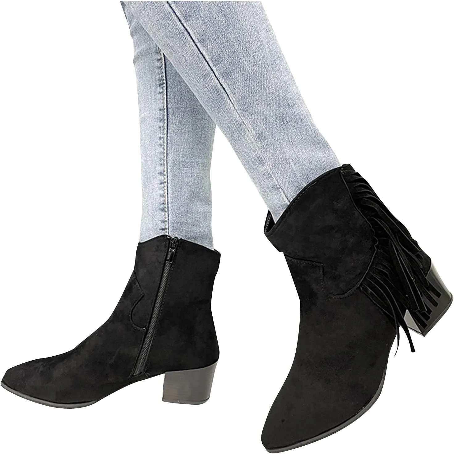 Short Tassels Fashion Heels Shoes Retro Boots Chunky High Women's Breathable Women's Boots with Zip