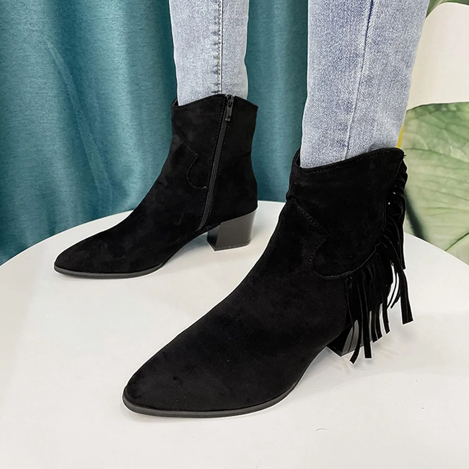 Short Tassels Fashion Heels Shoes Retro Boots Chunky High Women's Breathable Women's Boots with Zip