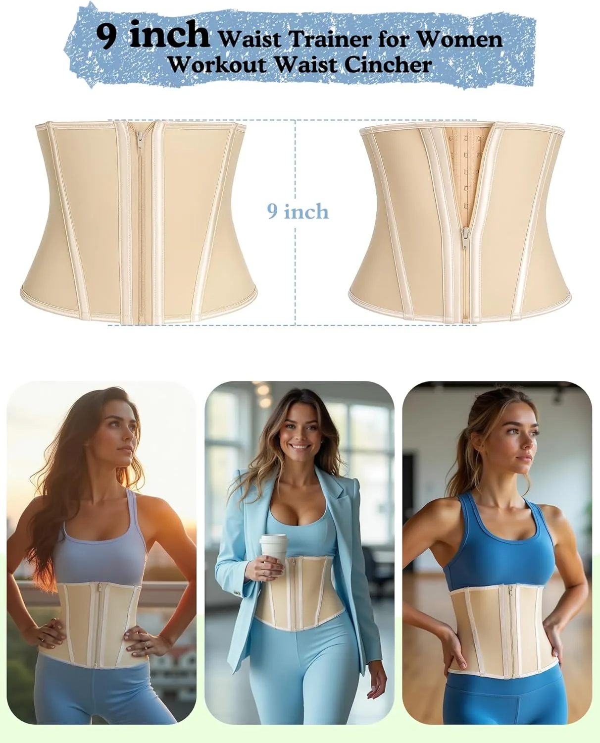 Short Torso Waist Trainer For Women Tummy Control 9-inch Waist Cincher With Zipper Hook Body Shaper Corset Girdle