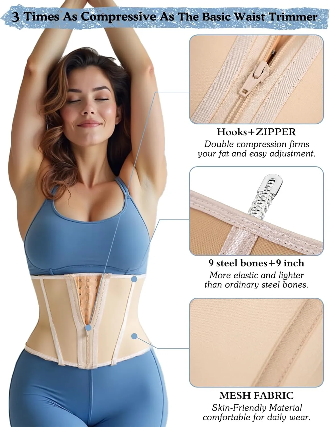 Short Torso Waist Trainer For Women Tummy Control 9-inch Waist Cincher With Zipper Hook Body Shaper Corset Girdle