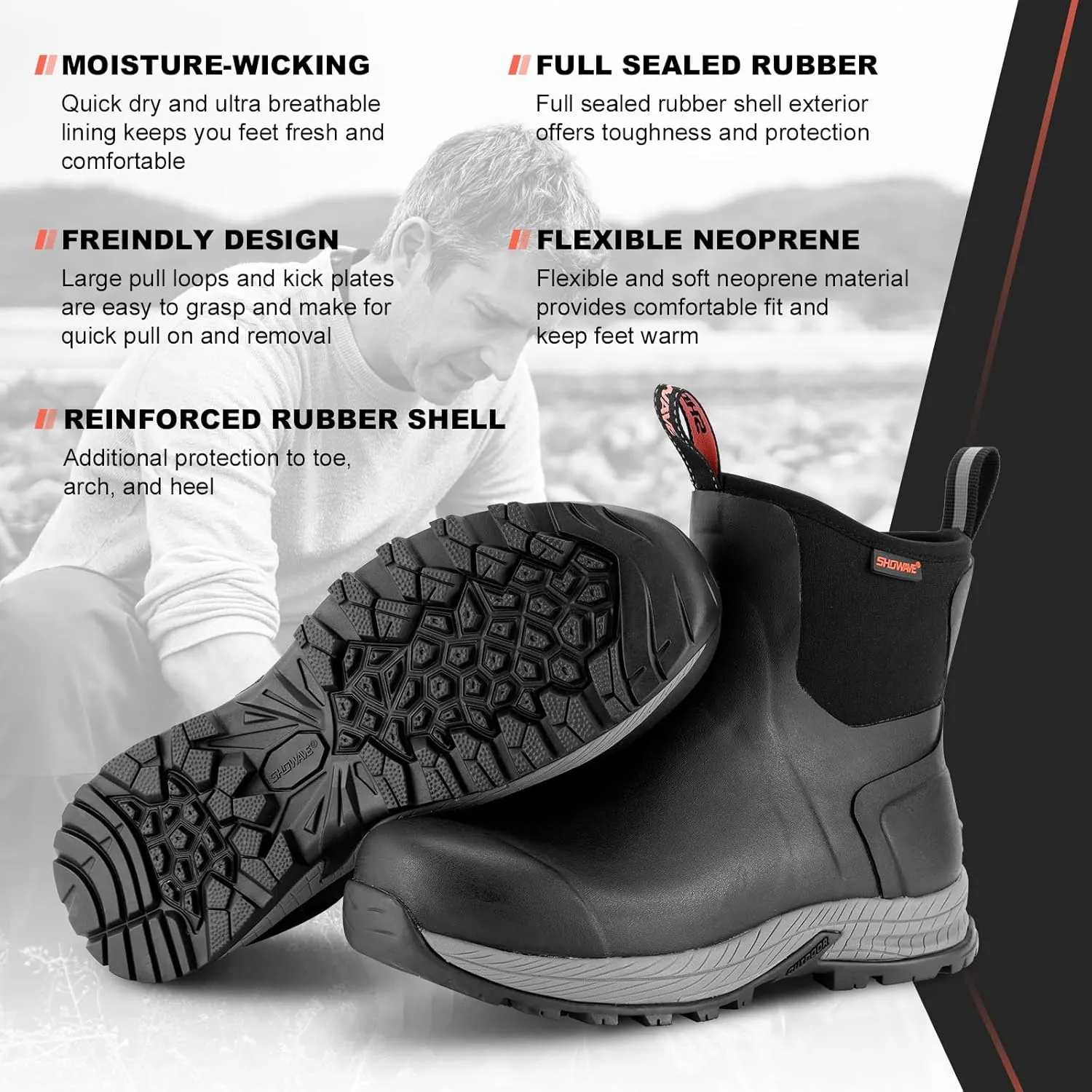 Showave Men's Rain Boots Waterproof Excursion Rubber Boots Insulated Mud Booties for Trekking Gardening Farming Camping Fishing and Chore Work