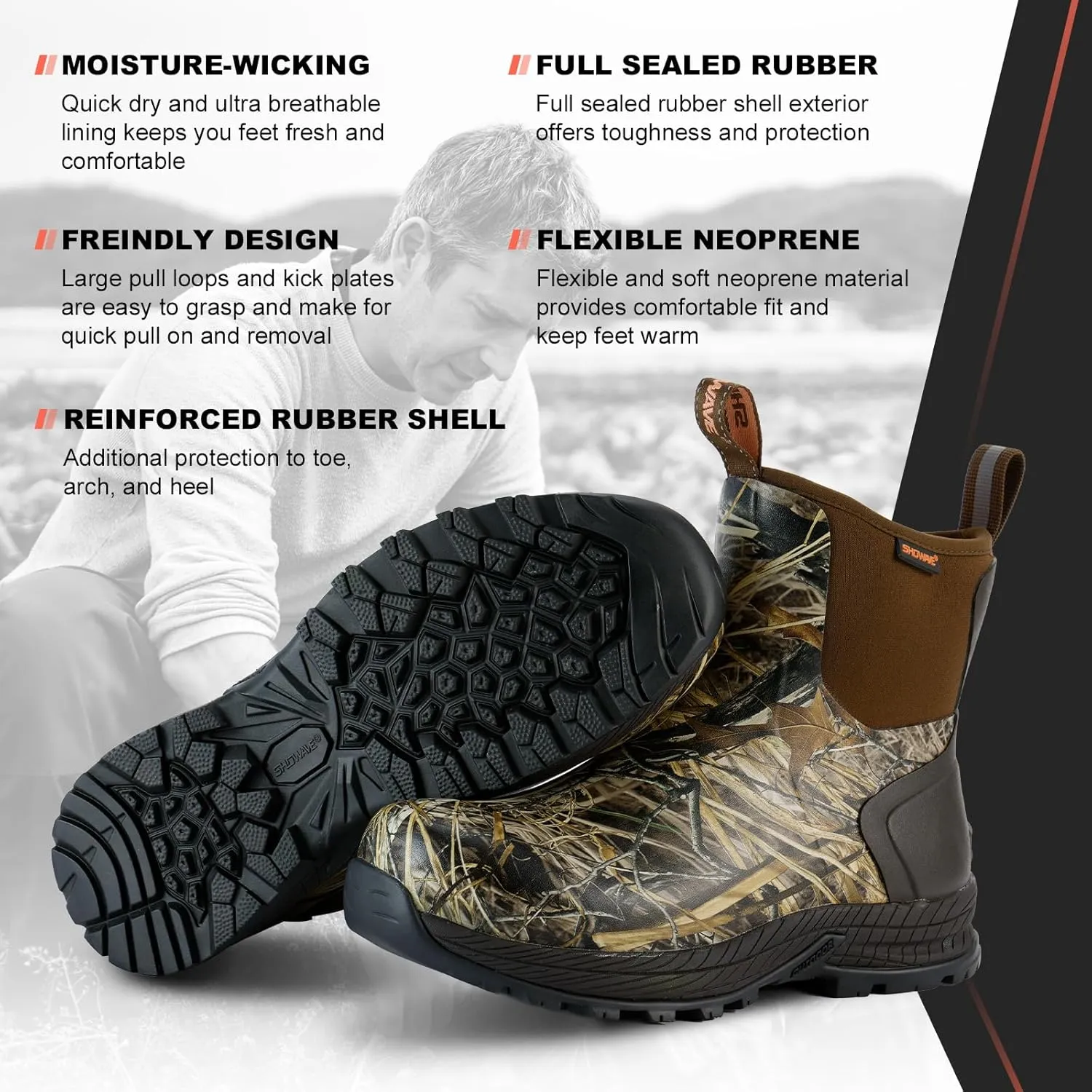 Showave Men's Rain Boots Waterproof Excursion Rubber Boots Insulated Mud Booties for Trekking Gardening Farming Camping Fishing and Chore Work
