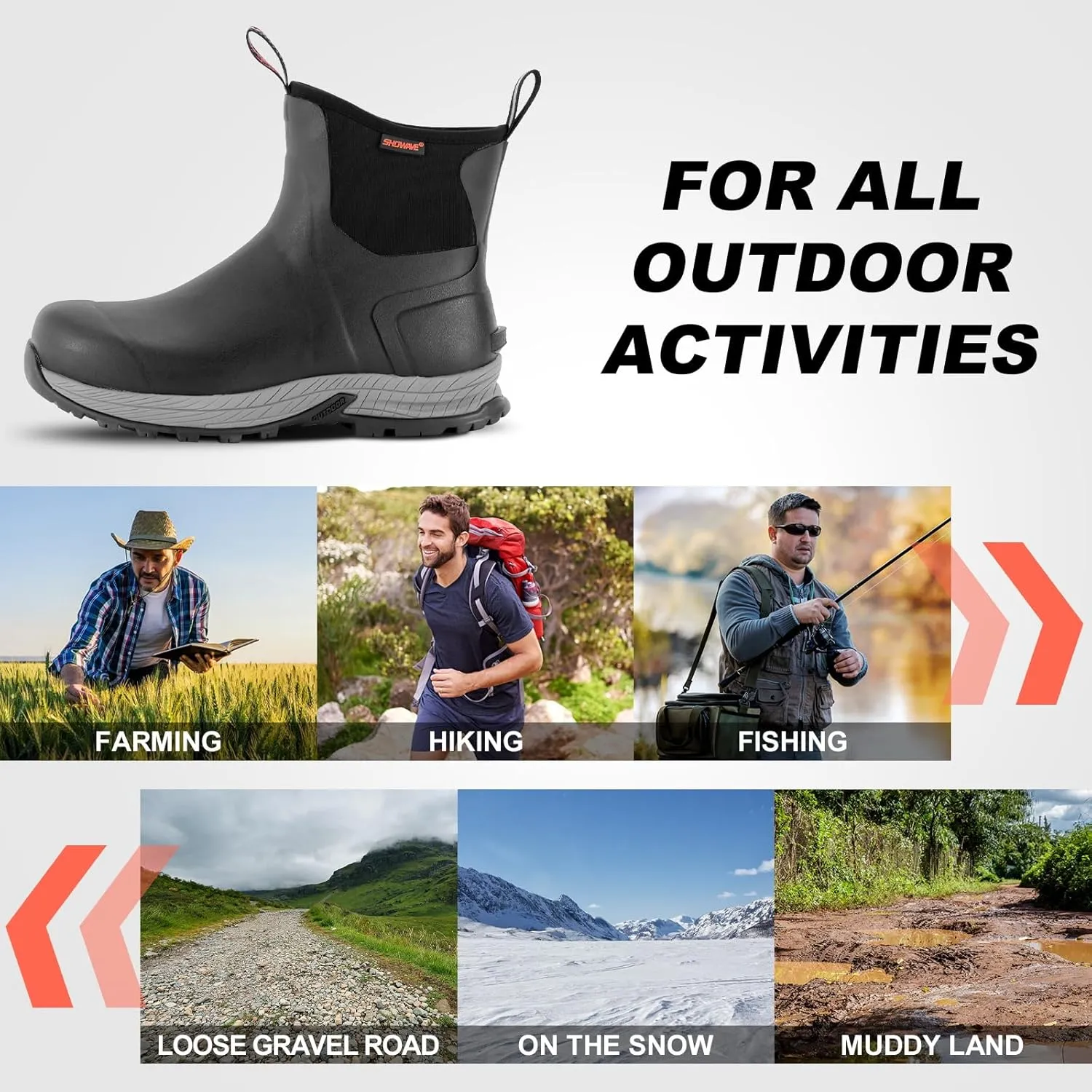 Showave Men's Rain Boots Waterproof Excursion Rubber Boots Insulated Mud Booties for Trekking Gardening Farming Camping Fishing and Chore Work