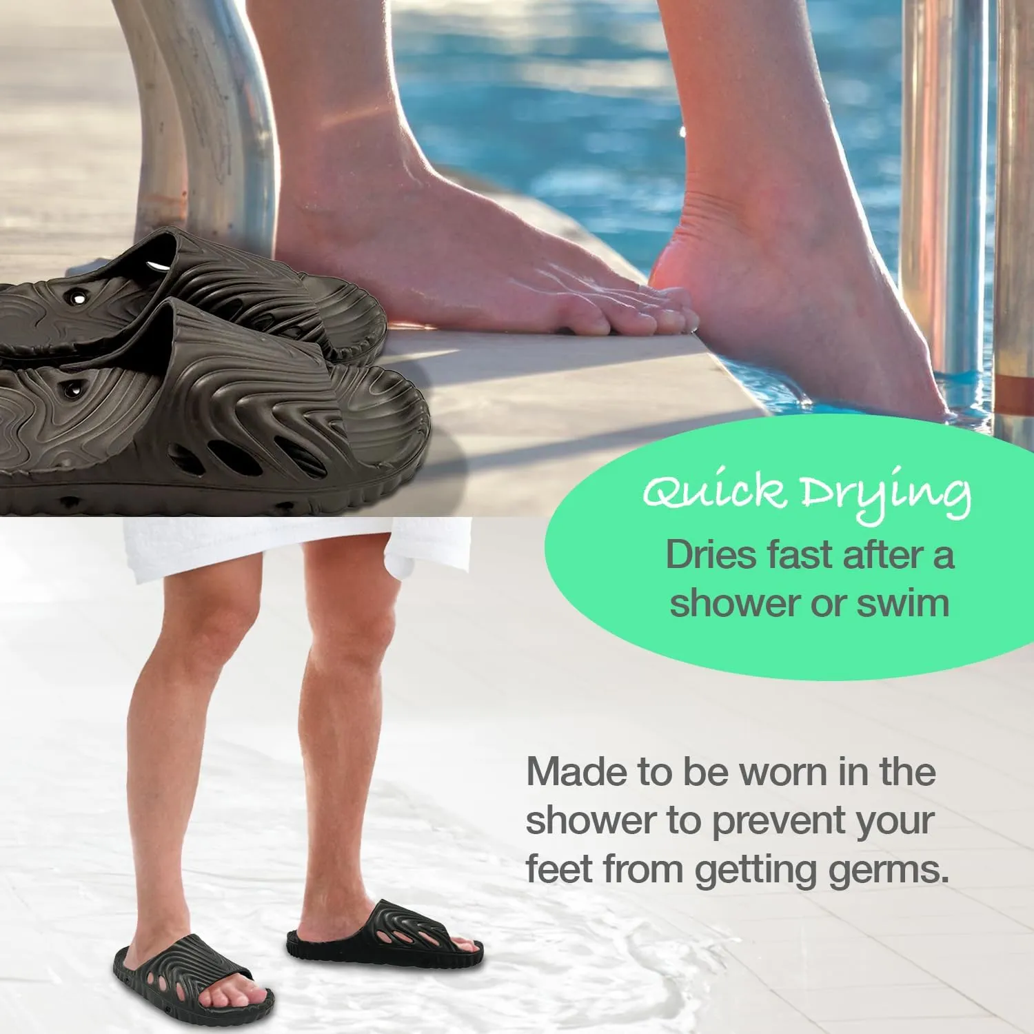 Shower Shoez Mens and Womens Non-Slip, with Side Drain Holes and Arch Support, Gym, Pool, Beach, Dorm Shower Sandal Slides