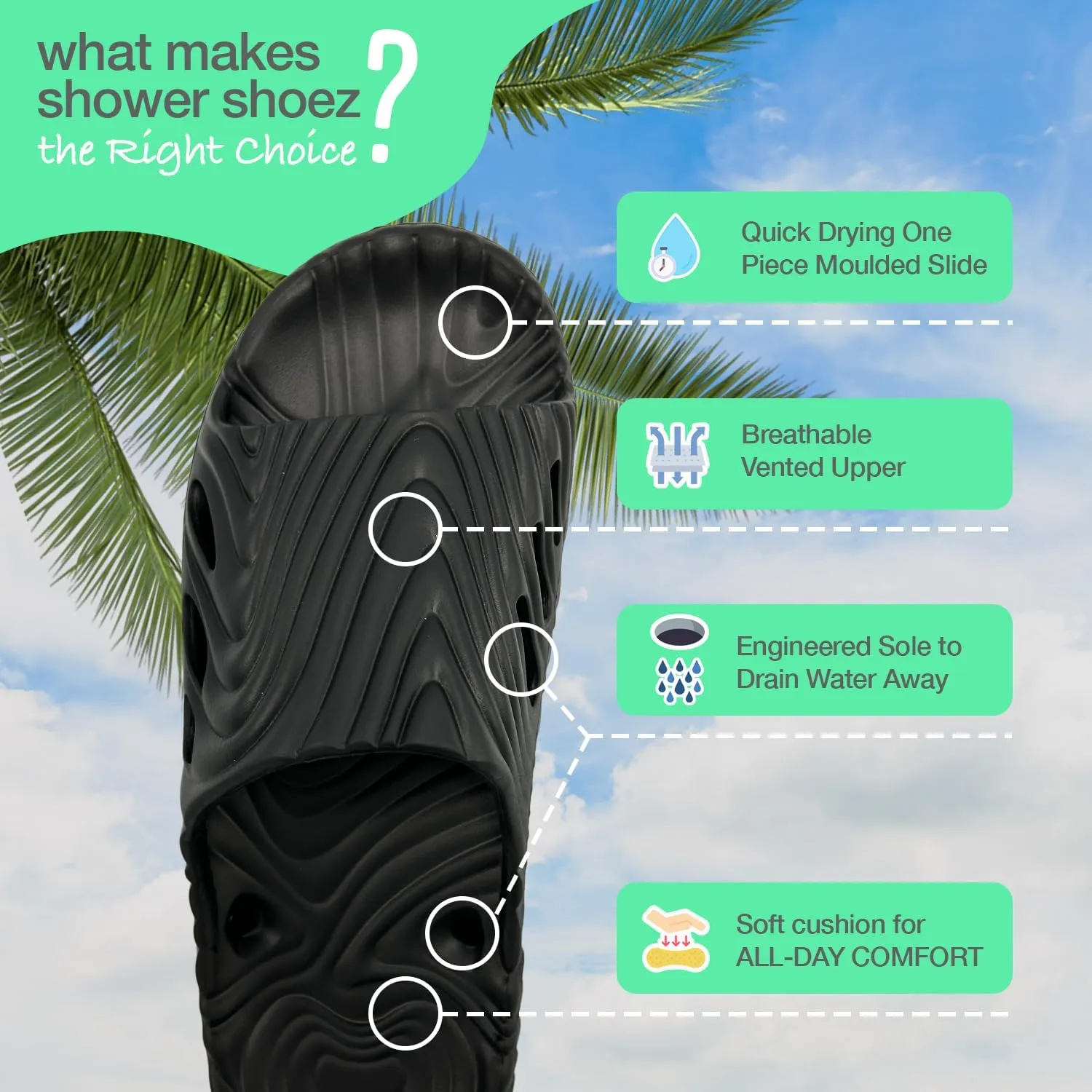Shower Shoez Mens and Womens Non-Slip, with Side Drain Holes and Arch Support, Gym, Pool, Beach, Dorm Shower Sandal Slides