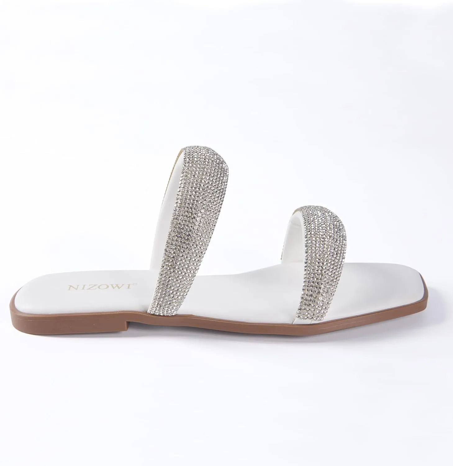 Silver Rhinestone Flat Sandals for Women Sparkly Slip On Square Open Toe Slides Sandals Cute Two Strap Flat Dressy Wedding Summer