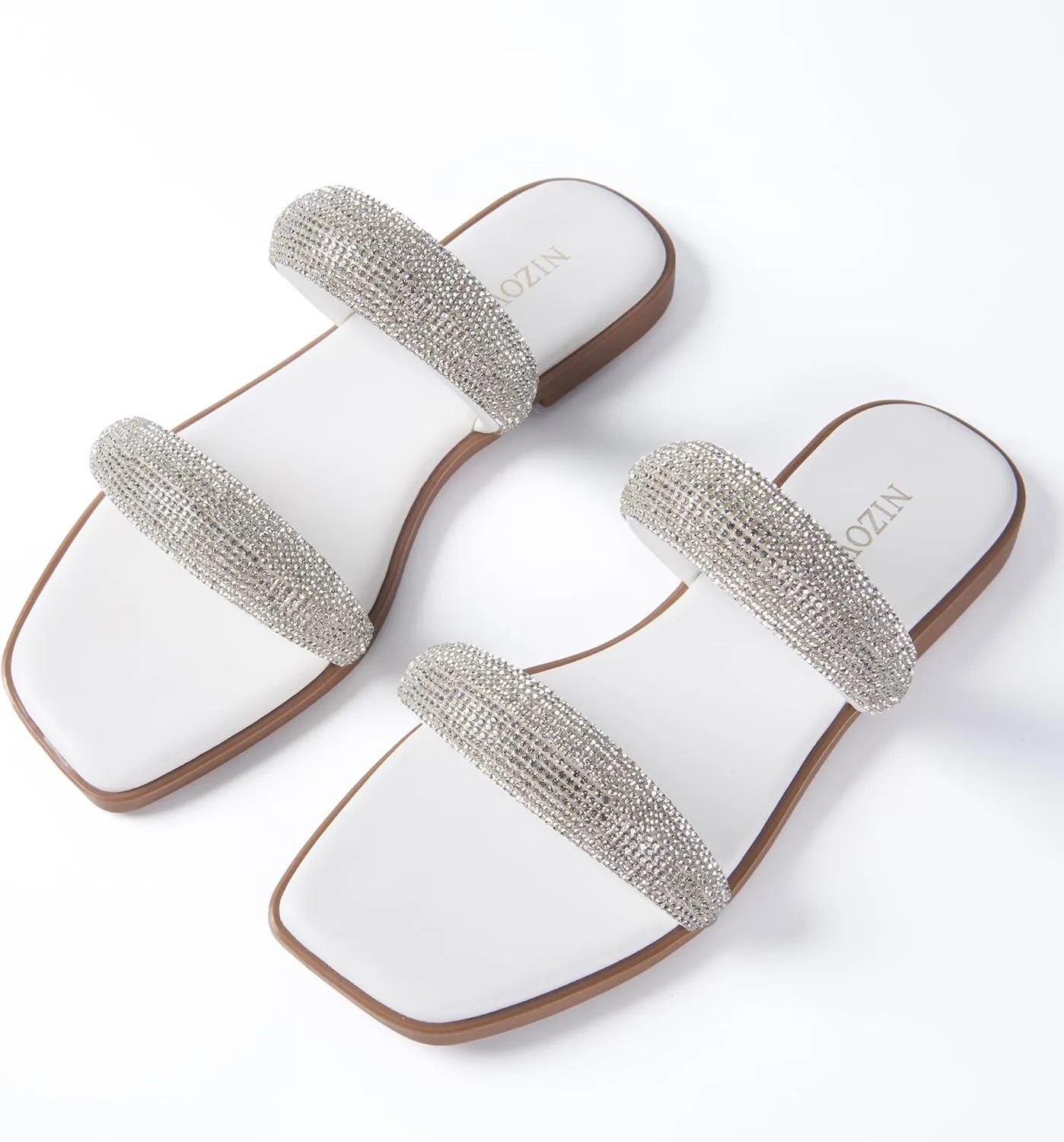 Silver Rhinestone Flat Sandals for Women Sparkly Slip On Square Open Toe Slides Sandals Cute Two Strap Flat Dressy Wedding Summer
