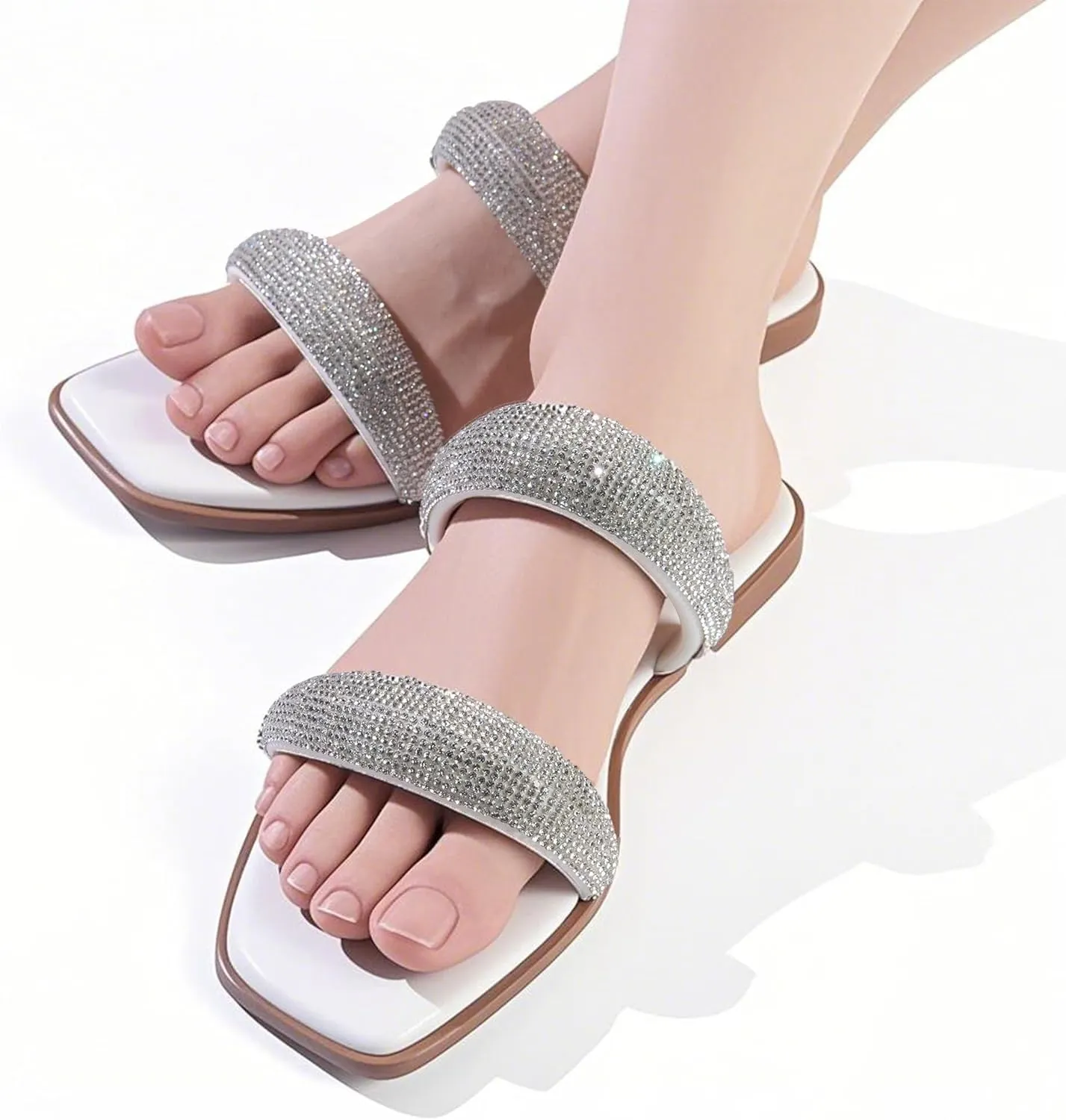 Silver Rhinestone Flat Sandals for Women Sparkly Slip On Square Open Toe Slides Sandals Cute Two Strap Flat Dressy Wedding Summer