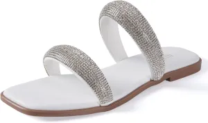 Silver Rhinestone Flat Sandals for Women Sparkly Slip On Square Open Toe Slides Sandals Cute Two Strap Flat Dressy Wedding Summer
