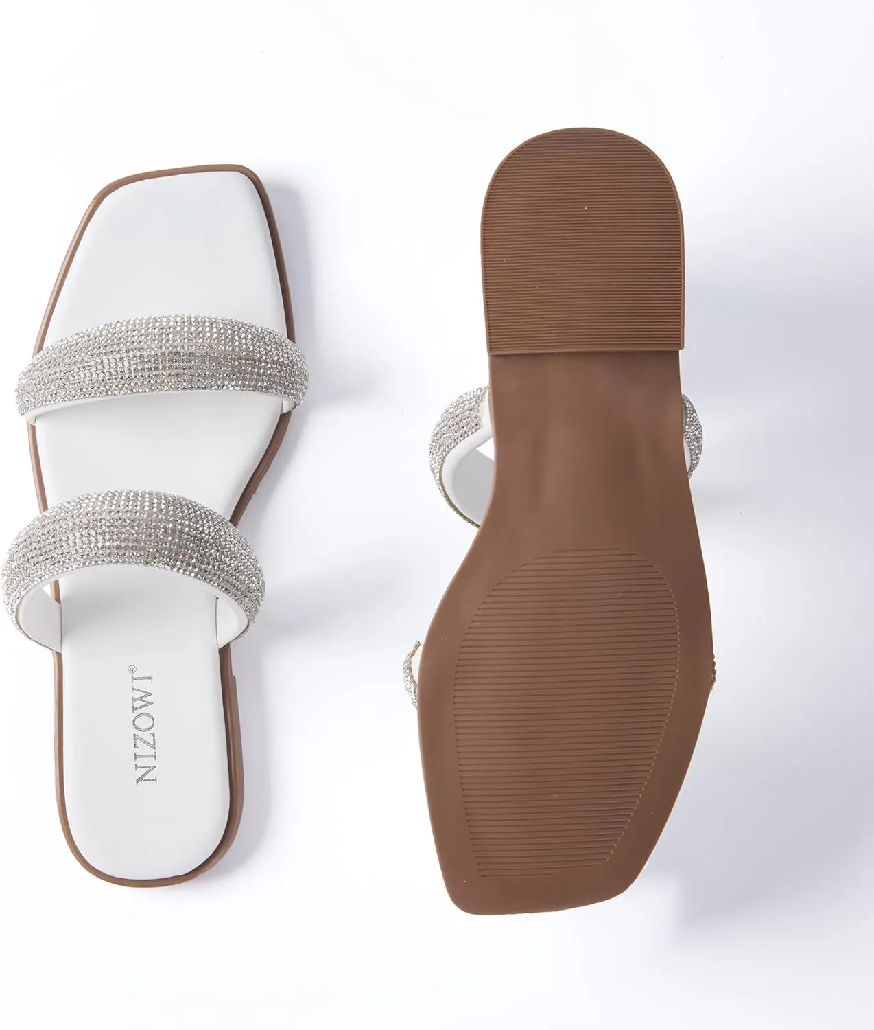 Silver Rhinestone Flat Sandals for Women Sparkly Slip On Square Open Toe Slides Sandals Cute Two Strap Flat Dressy Wedding Summer