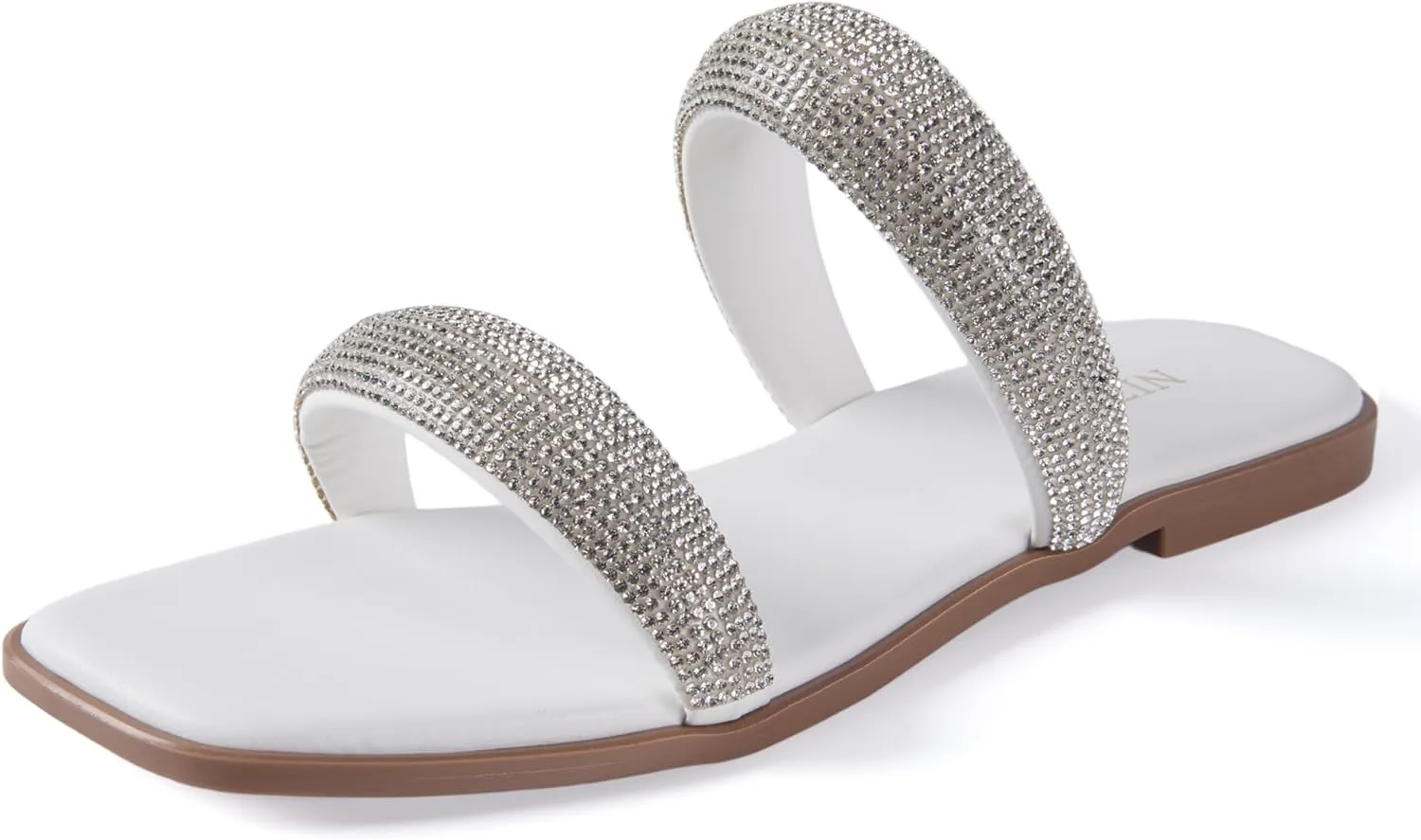 Silver Rhinestone Flat Sandals for Women Sparkly Slip On Square Open Toe Slides Sandals Cute Two Strap Flat Dressy Wedding Summer