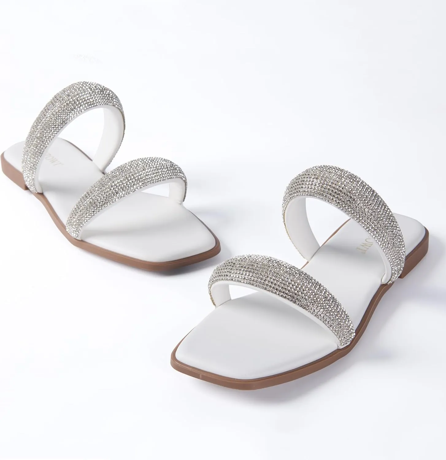 Silver Rhinestone Flat Sandals for Women Sparkly Slip On Square Open Toe Slides Sandals Cute Two Strap Flat Dressy Wedding Summer