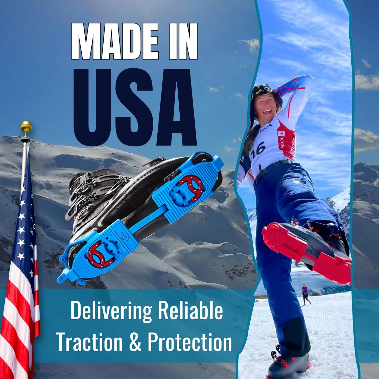SkiSkootys Ski Boot Bottom Protector with Claws & Foldable Design - Slip-Resistant Ski Boot Traction Cleats for Walking on Ice & Snow - Adjustable Skiing Accessories - USA Made