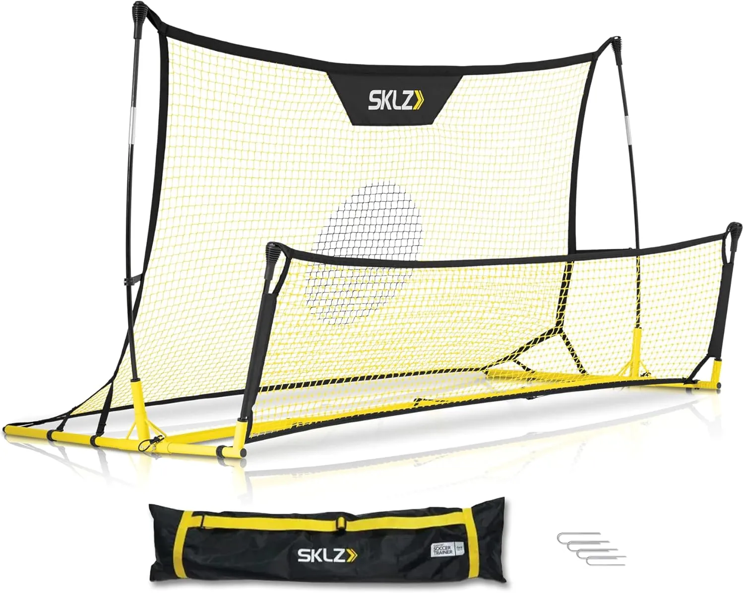 SKLZ Quickster Soccer Trainer - Dual-Sided Rebounder for Solo Passing, Receiving, Trapping Practice - Large & Small Rebound Net - Weather Resistant - Adjustable Frame, Metal Stakes & Carry Bag
