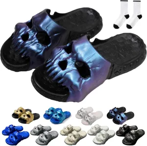 Skull Design Single Band Slides, Skull Slides Sandals, Unisex EVA Thick Sole Non Slip Quick Drying Cloud Slippers Indoor Outdoor Beach Pool Shower Shoes (Purple Black,12-13 Women/10-11 Men)
