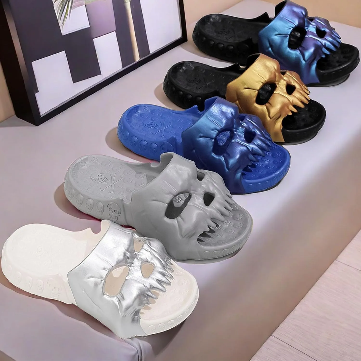 Skull Design Single Band Slides, Skull Slides Sandals, Unisex EVA Thick Sole Non Slip Quick Drying Cloud Slippers Indoor Outdoor Beach Pool Shower Shoes (Purple Black,12-13 Women/10-11 Men)