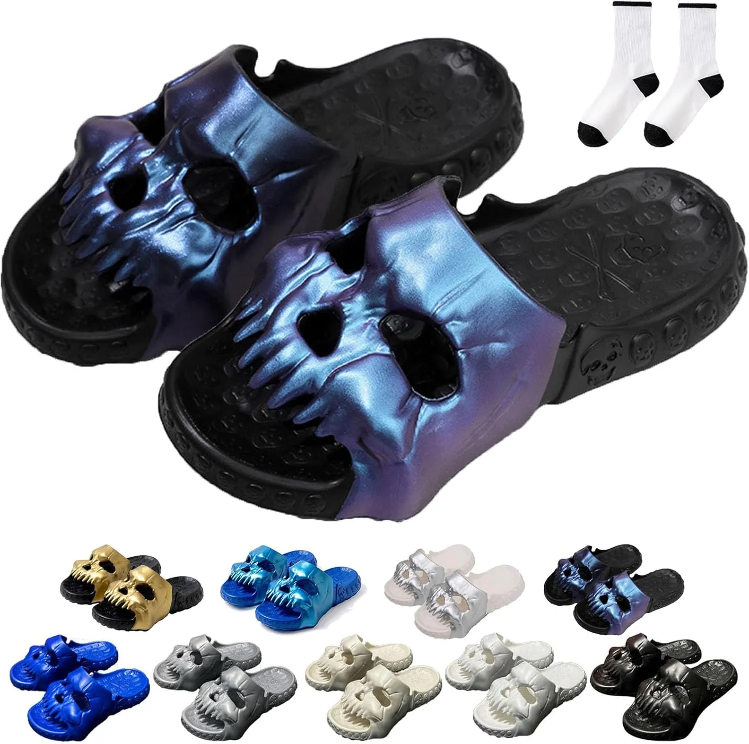 Skull Design Single Band Slides, Skull Slides Sandals, Unisex EVA Thick Sole Non Slip Quick Drying Cloud Slippers Indoor Outdoor Beach Pool Shower Shoes (Purple Black,12-13 Women/10-11 Men)