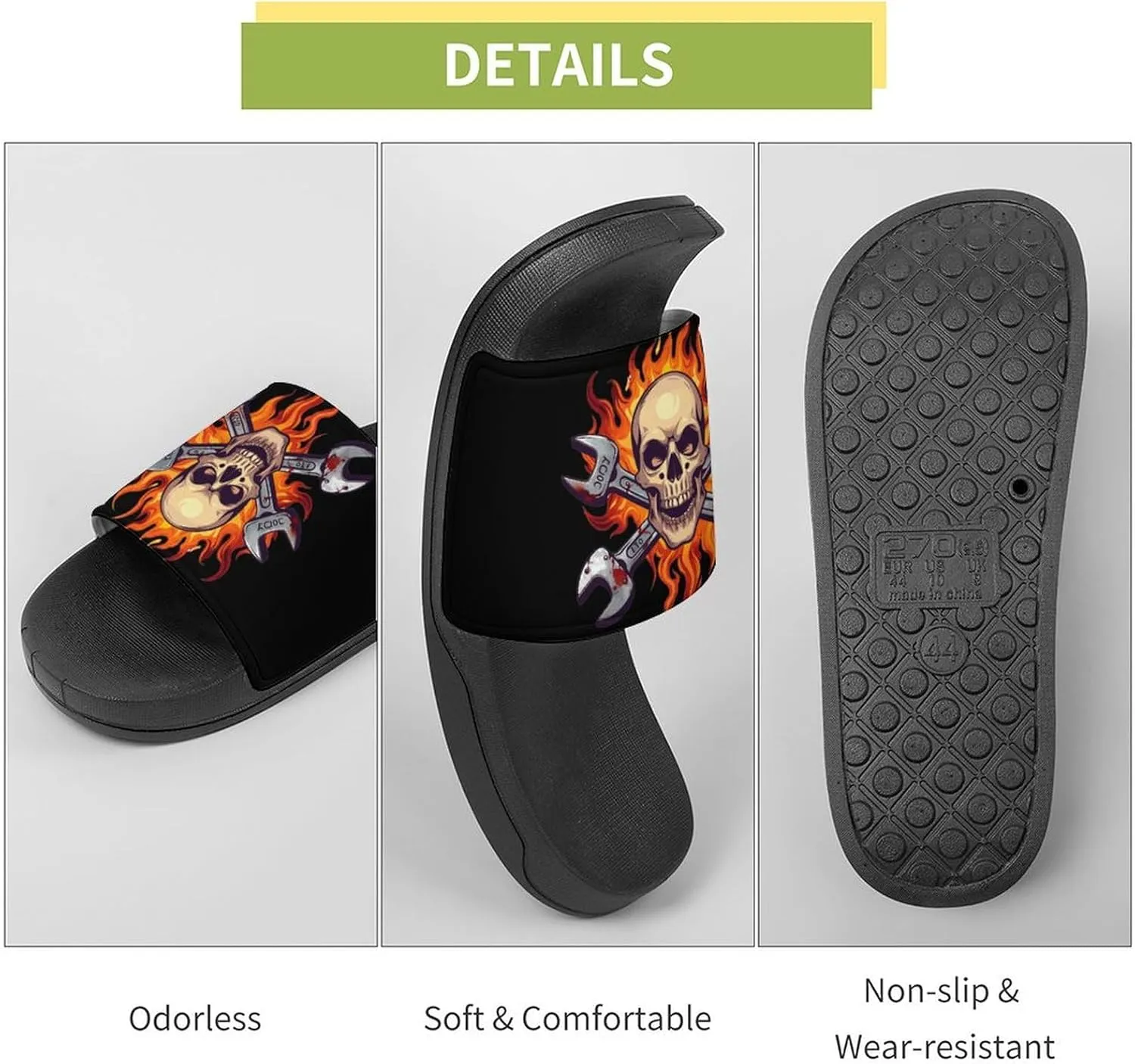 Skull Wrench Flames Mechanic Slippers for Women Men Anti-Slip Shower Slides Open Toe Slippers for Home Outdoor Beach
