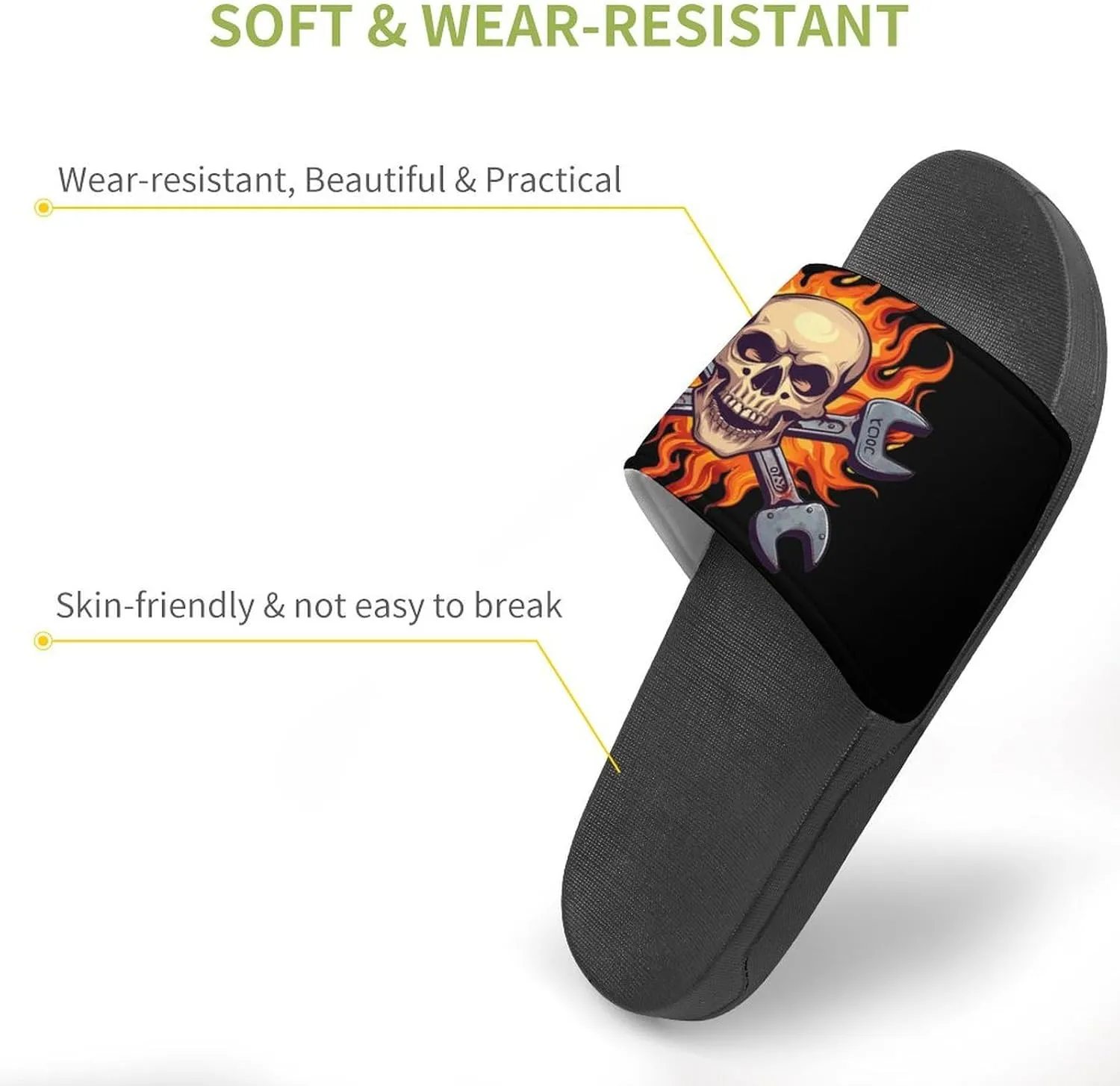Skull Wrench Flames Mechanic Slippers for Women Men Anti-Slip Shower Slides Open Toe Slippers for Home Outdoor Beach