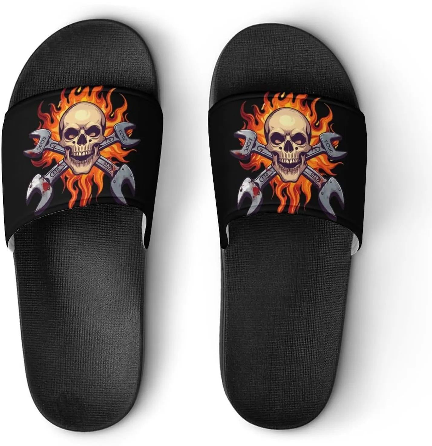 Skull Wrench Flames Mechanic Slippers for Women Men Anti-Slip Shower Slides Open Toe Slippers for Home Outdoor Beach