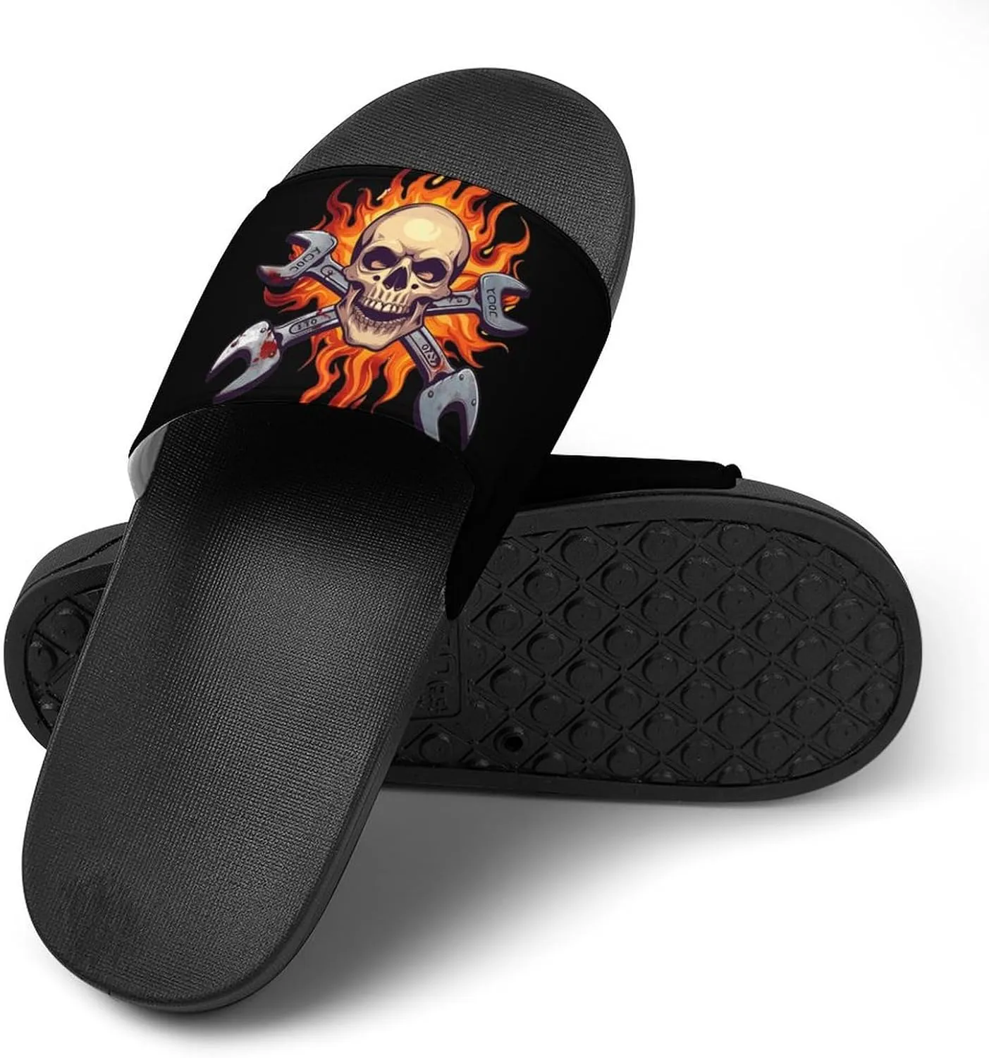 Skull Wrench Flames Mechanic Slippers for Women Men Anti-Slip Shower Slides Open Toe Slippers for Home Outdoor Beach