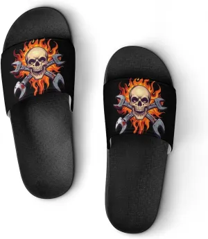 Skull Wrench Flames Mechanic Slippers for Women Men Anti-Slip Shower Slides Open Toe Slippers for Home Outdoor Beach