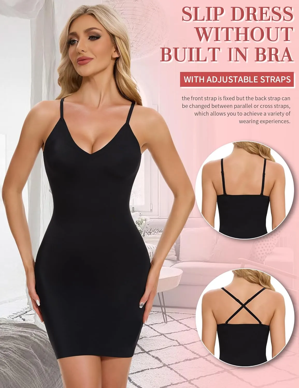 SLIMBELLE Shapewear Slips For Under Dress Deep V Neck Adjustable Strap Tummy Control Full Slip Seamless Shaper For Women