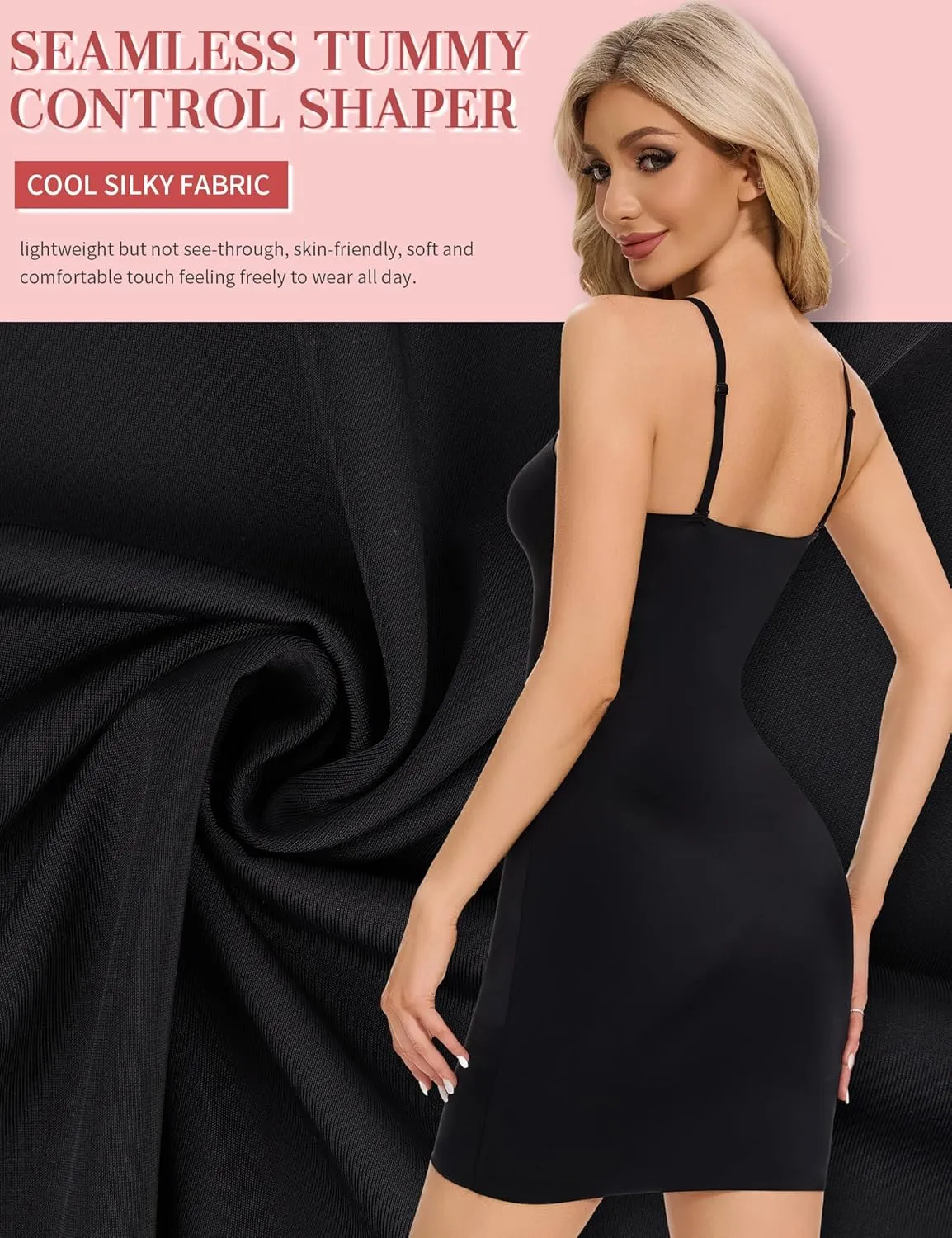 SLIMBELLE Shapewear Slips For Under Dress Deep V Neck Adjustable Strap Tummy Control Full Slip Seamless Shaper For Women