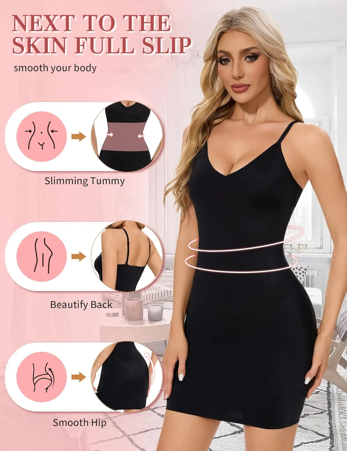 SLIMBELLE Shapewear Slips For Under Dress Deep V Neck Adjustable Strap Tummy Control Full Slip Seamless Shaper For Women