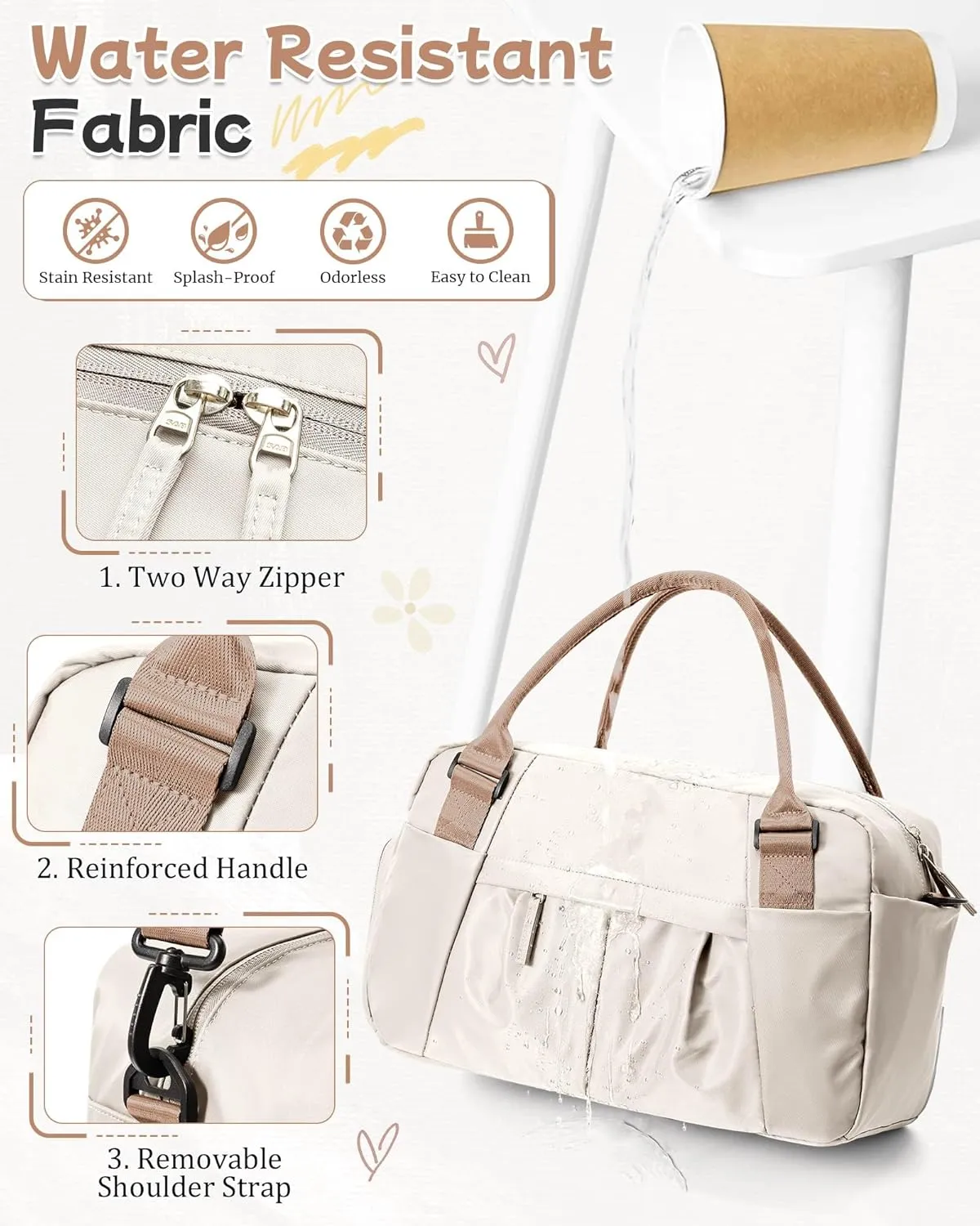 Small Gym Bag with Shoe Compartment, Workout Sport Duffle Bag for Women Travel,Waterproof Shoulder Overnight Bag Lightweight Carry on Tote Bag for Swim, Yoga, Dance, Beige