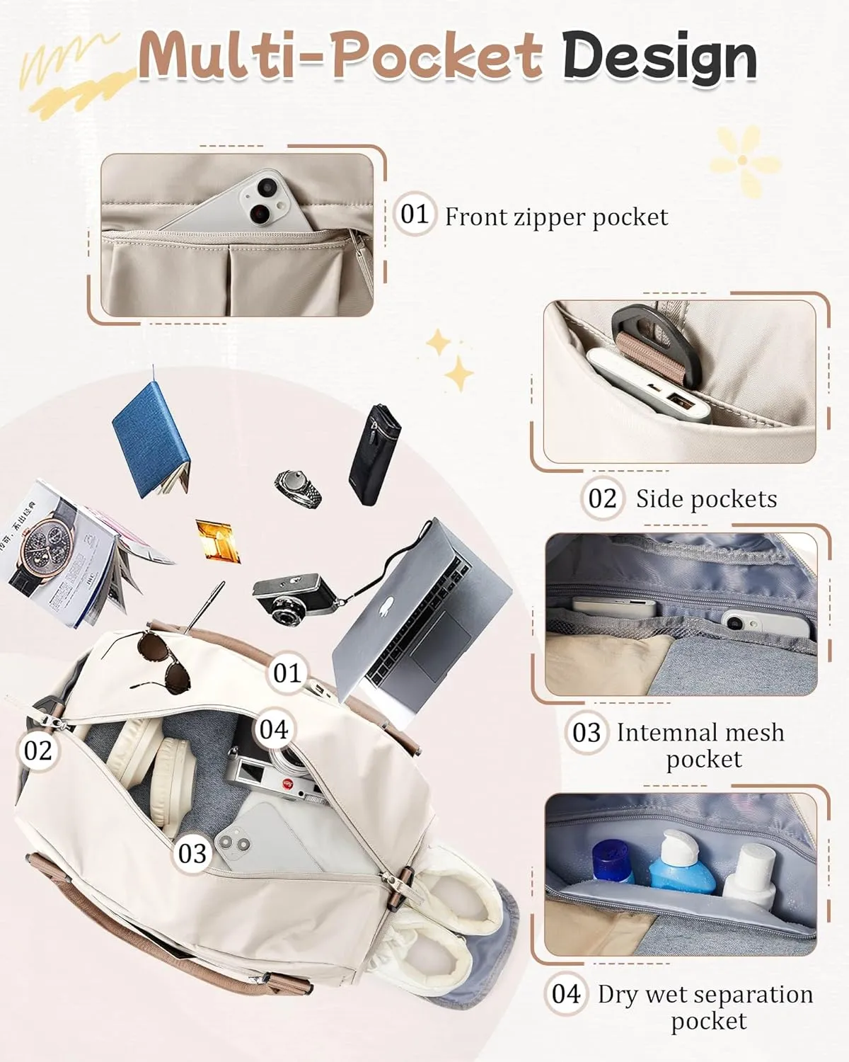 Small Gym Bag with Shoe Compartment, Workout Sport Duffle Bag for Women Travel,Waterproof Shoulder Overnight Bag Lightweight Carry on Tote Bag for Swim, Yoga, Dance, Beige