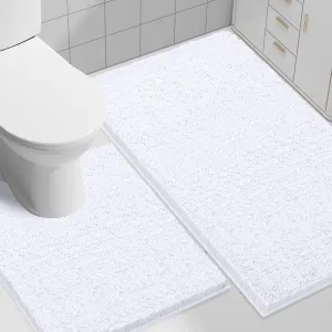 Smiry Bathroom Rugs and Mats Set, 2 Piece U Shaped Chenille Bath Mat and U-Shaped Toilet Rug Set, Non Slip Absorbent Shaggy Bath Rug for Tub, Shower and Bath Room (30" x 20" 24" x 20", White)