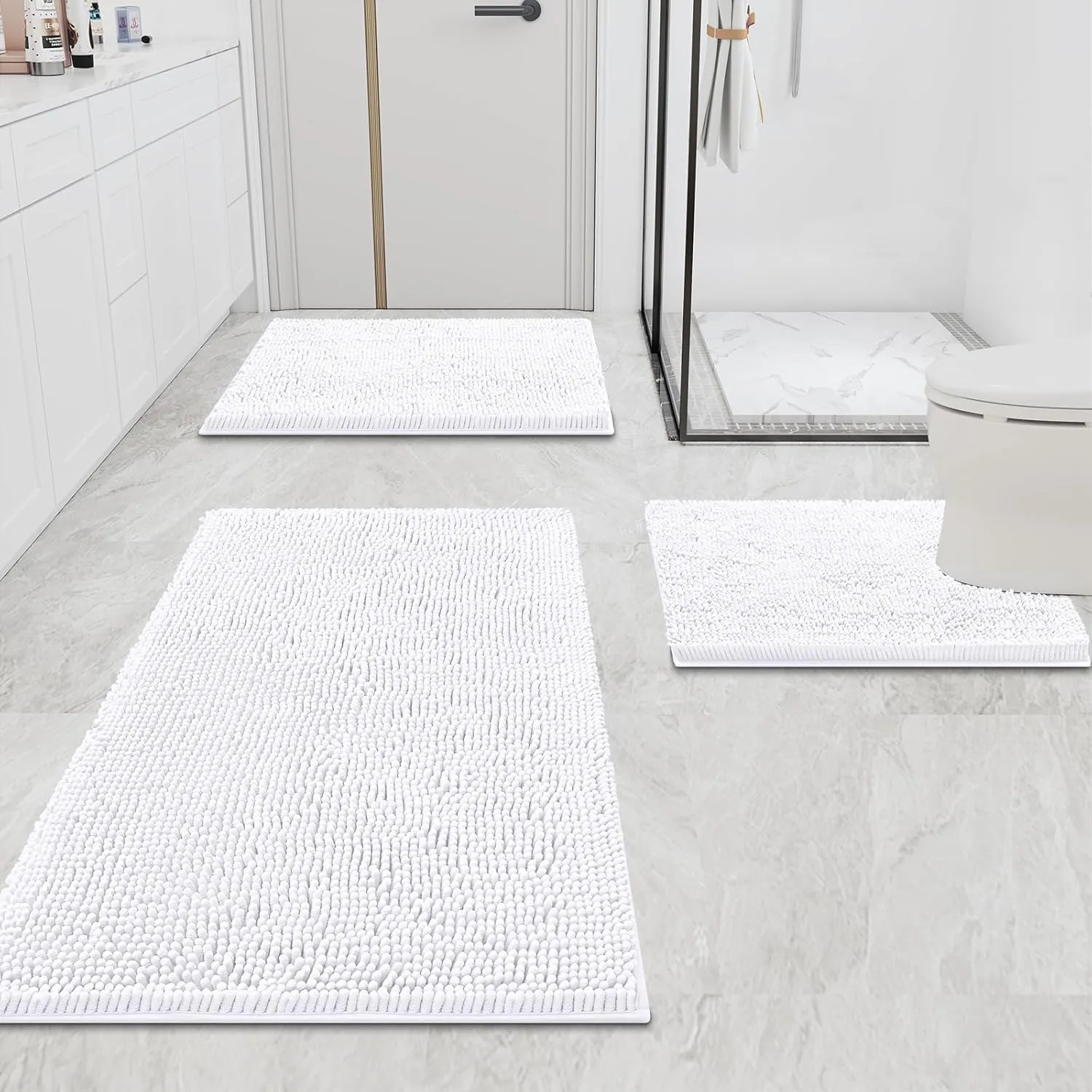 Smiry Bathroom Rugs and Mats Set, 2 Piece U Shaped Chenille Bath Mat and U-Shaped Toilet Rug Set, Non Slip Absorbent Shaggy Bath Rug for Tub, Shower and Bath Room (30" x 20" 24" x 20", White)