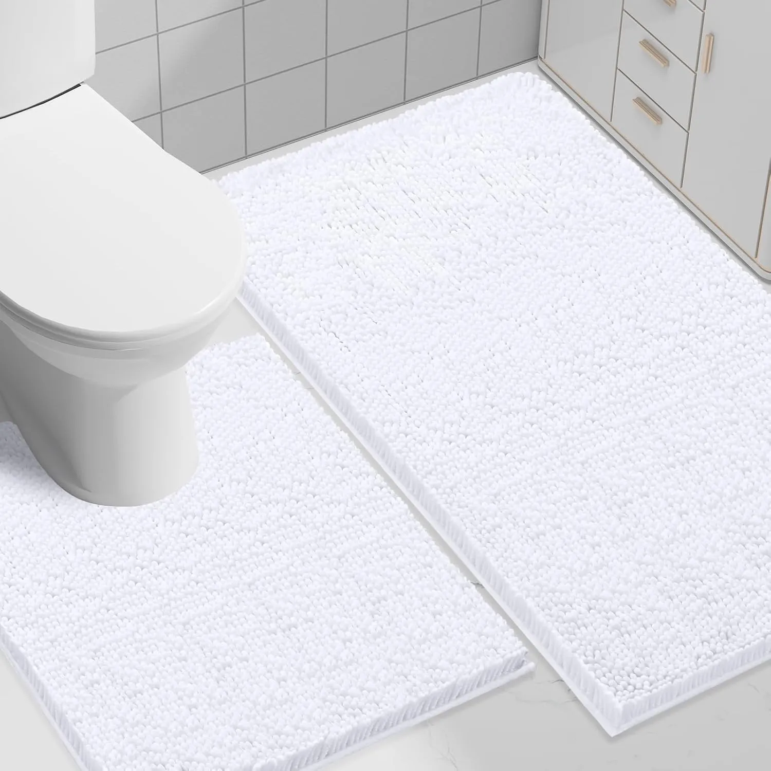 Smiry Bathroom Rugs and Mats Set, 2 Piece U Shaped Chenille Bath Mat and U-Shaped Toilet Rug Set, Non Slip Absorbent Shaggy Bath Rug for Tub, Shower and Bath Room (30" x 20" 24" x 20", White)