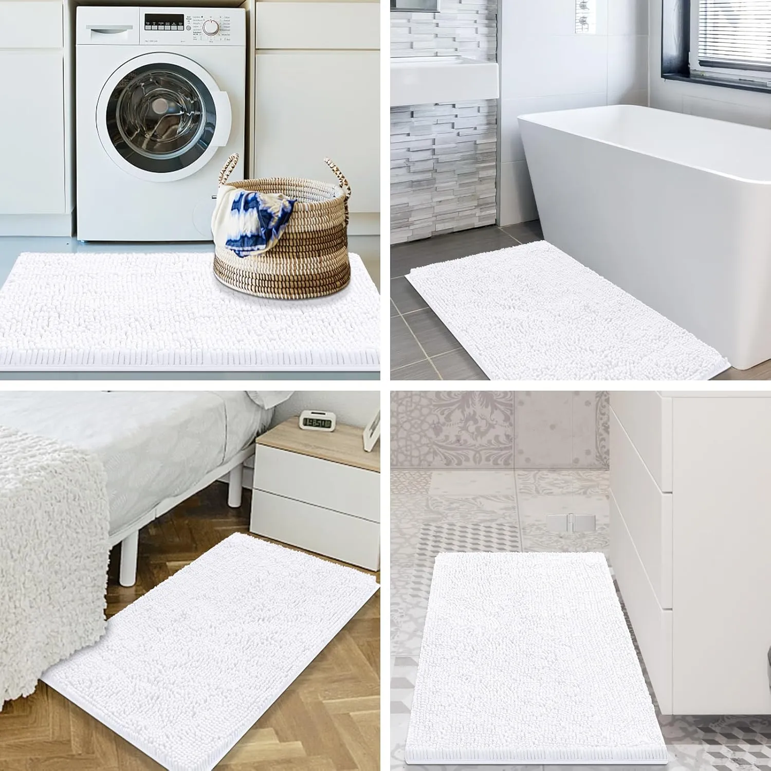 Smiry Bathroom Rugs and Mats Set, 2 Piece U Shaped Chenille Bath Mat and U-Shaped Toilet Rug Set, Non Slip Absorbent Shaggy Bath Rug for Tub, Shower and Bath Room (30" x 20" 24" x 20", White)