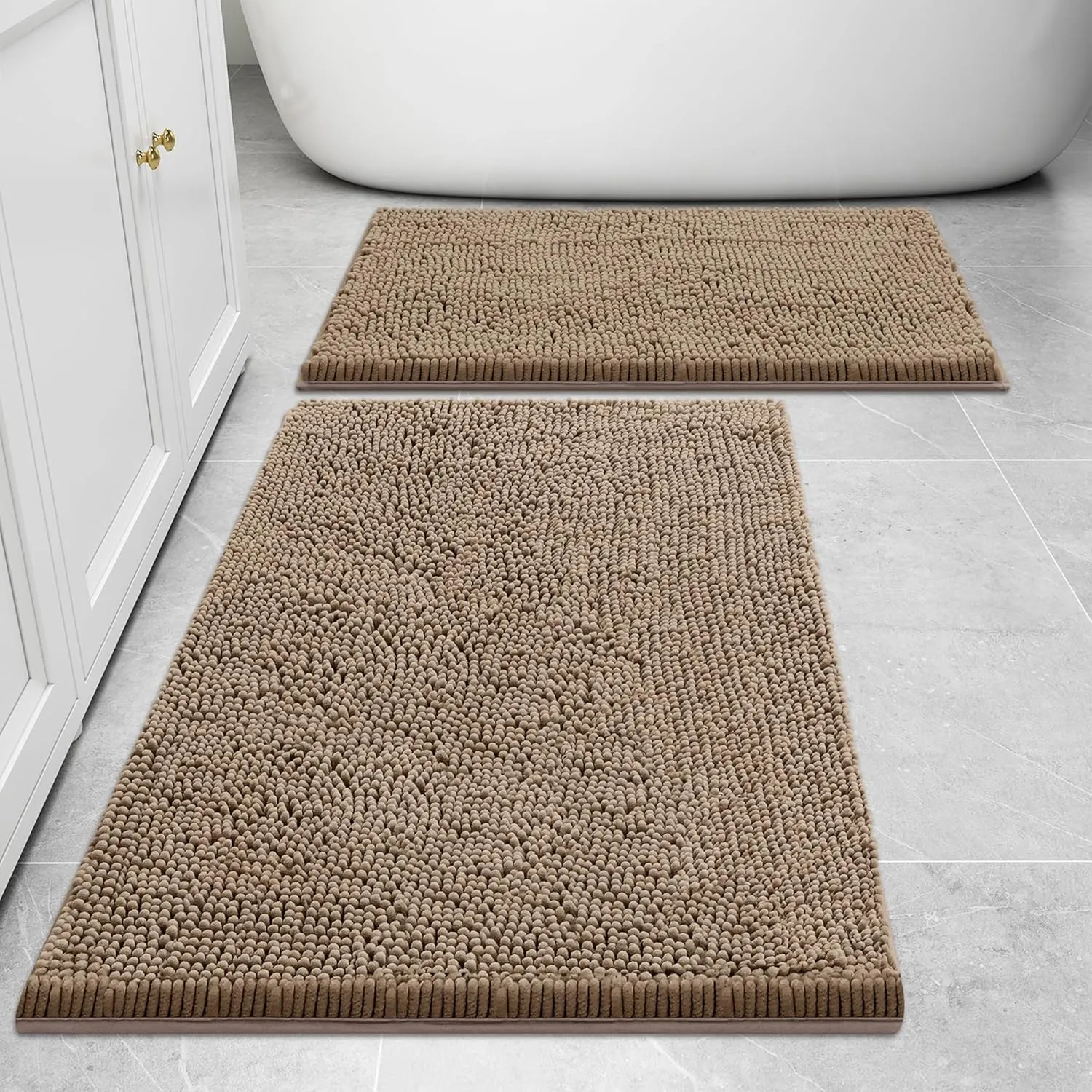 Smiry Bathroom Rugs Sets 2 Piece, Soft Absorbent Chenille Machine Washable Non Slip Shaggy Bath Rug Set for Tub, Shower, and Floor (30x20 24x16, Camel)