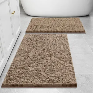 Smiry Bathroom Rugs Sets 2 Piece, Soft Absorbent Chenille Machine Washable Non Slip Shaggy Bath Rug Set for Tub, Shower, and Floor (30x20 24x16, Camel)