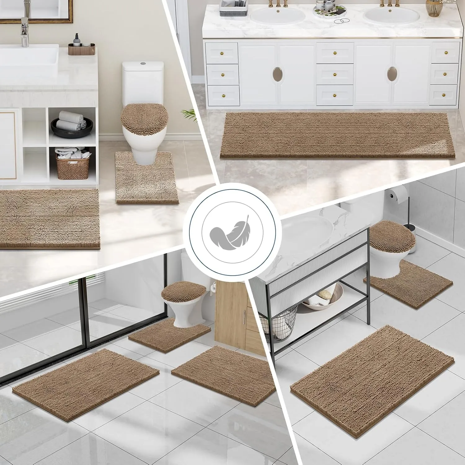 Smiry Bathroom Rugs Sets 2 Piece, Soft Absorbent Chenille Machine Washable Non Slip Shaggy Bath Rug Set for Tub, Shower, and Floor (30x20 24x16, Camel)