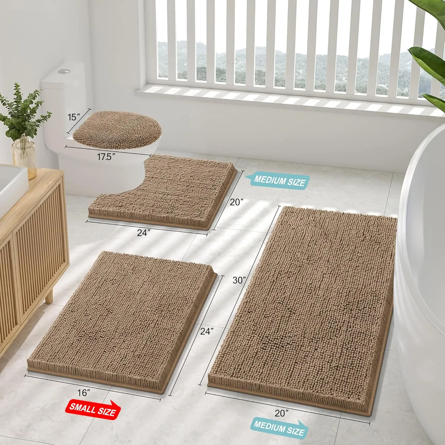 Smiry Bathroom Rugs Sets 2 Piece, Soft Absorbent Chenille Machine Washable Non Slip Shaggy Bath Rug Set for Tub, Shower, and Floor (30x20 24x16, Camel)